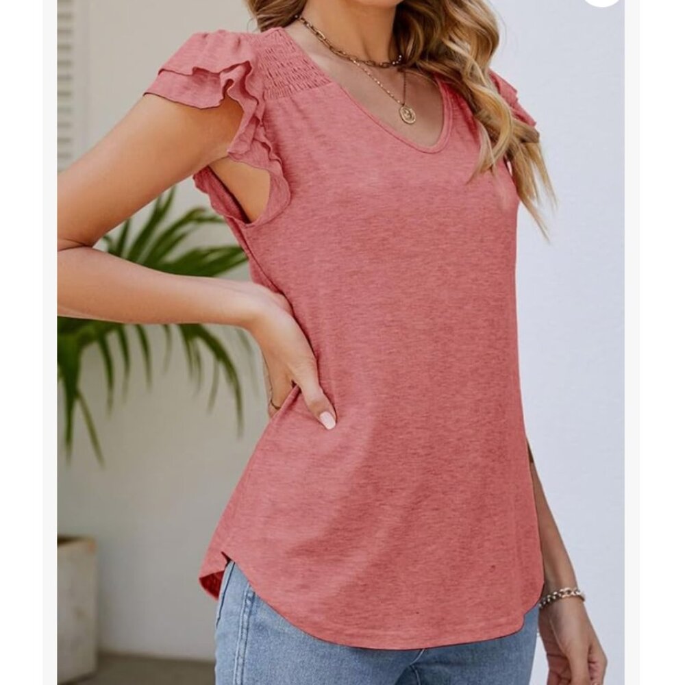 NEW Coral Pink Women's Casual Ruffle Short Sleeve Top sz XL - Picture 3 of 7